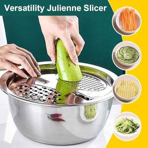 Germany Multifunctional Stainless Steel Basin, 3 in 1 Grater Bowl with Strainer Colander, Vegetable Slicer & Rice Rinser Kitchen Tool (10.23in*10.23in*3.54in)