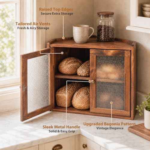 Sunhoo Corner Bread Box for Kitchen Countertop, Wooden 2-Tier Bin, Brown