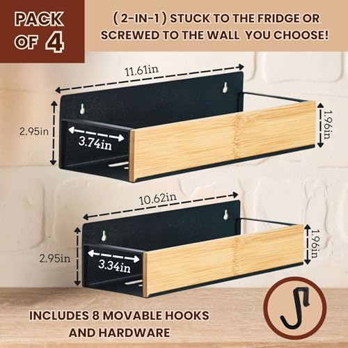 4 Pack Magnetic Spice Rack for Refrigerator, Real Bamboo