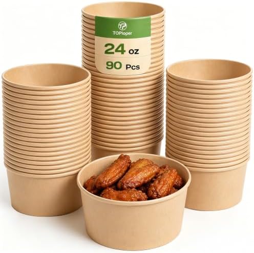 TOPtoper 24 Oz Large Paper Bowls【WITHOUT LIDS】 90 Pack Disposable Soup