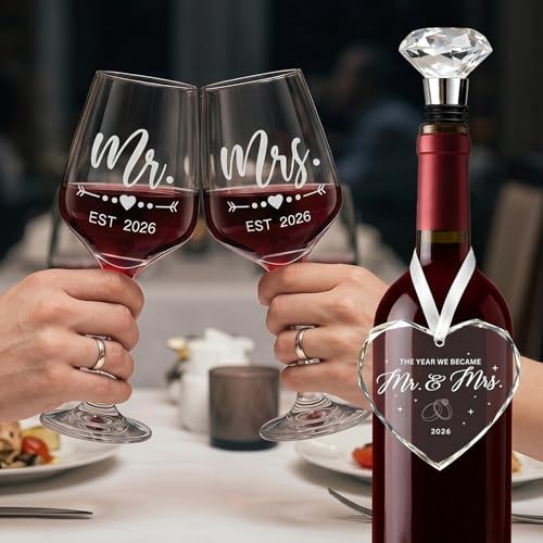 DHQH Mr and Mrs Wine Glasses Gift Set, Engagement Wedding Gifts for