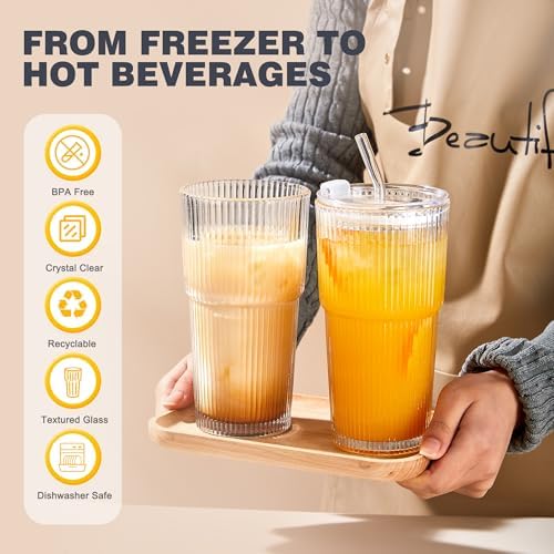 Wells 20oz Glass Cups with Lids and Straws, Ribbed Iced Coffee Cups