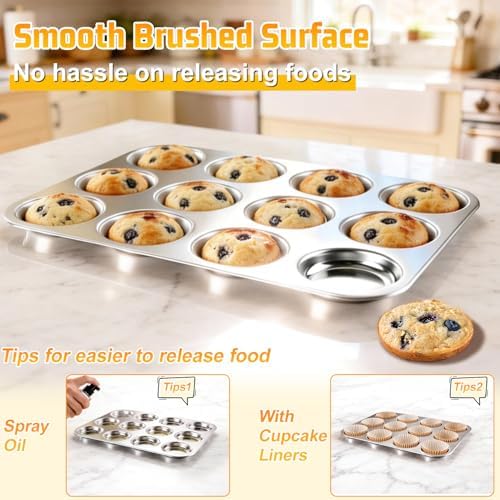 P&P CHEF 12-Cup Muffin Top Pan, Cupcake Pan with Shallow Side, 2PC &