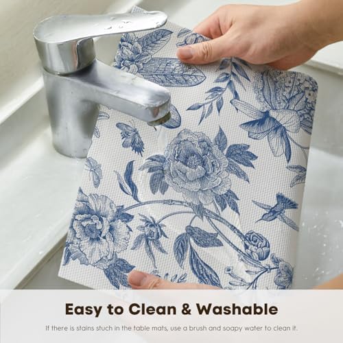 Artoid Mode Blue Floral Brids Spring Vinyl Placemats Set of 4