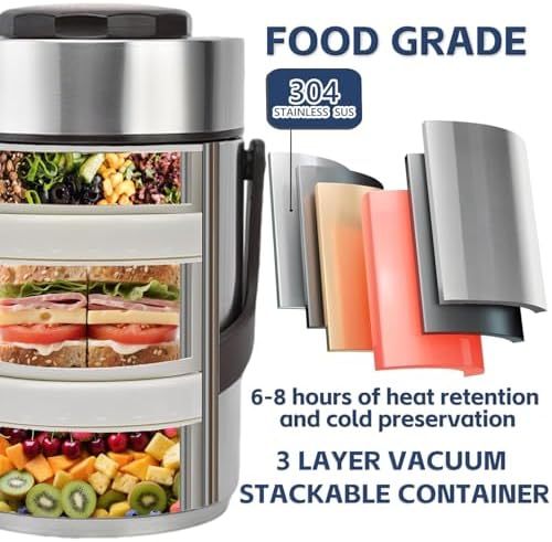67oz Vacuum Insulated Food Container Set with 3 Stackable Compartments