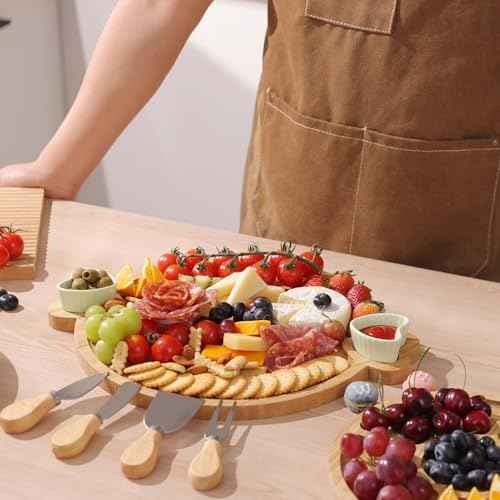 Charcuterie Boards,Cute Bamboo Cheese Board,House Warming Gifts New Home,Wedding Bridal Shower Gift,Valentine Birthday Mother's Day for Women Mom,Round Meat Fruit Serving Tray Platter
