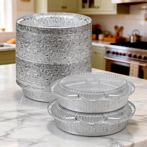 50 Pack 9" Round Aluminum Pans with Clear Lids, Pie Tins Disposable