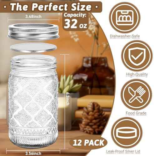 STARSIDE 32 oz Wide Mouth Mason Jars, 12-Pack
