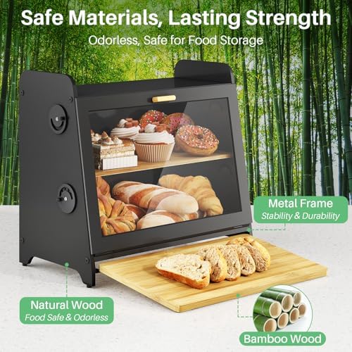 SNTD Airtight Bread Box for Kitchen Countertop, Bamboo Cutting Board, Black