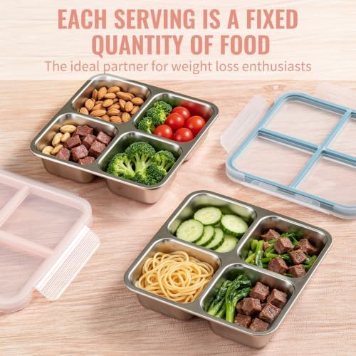 6 Pack Stainless Steel Snack Containers with Lids, 4-Compartment