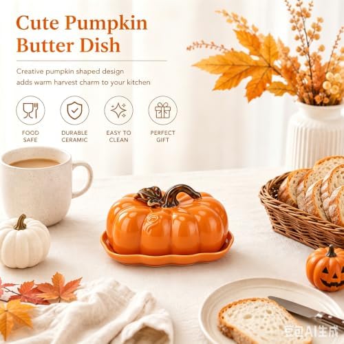 Ceramic Butter Dish with Lid for Countertop, Cute Pumpkin Butter