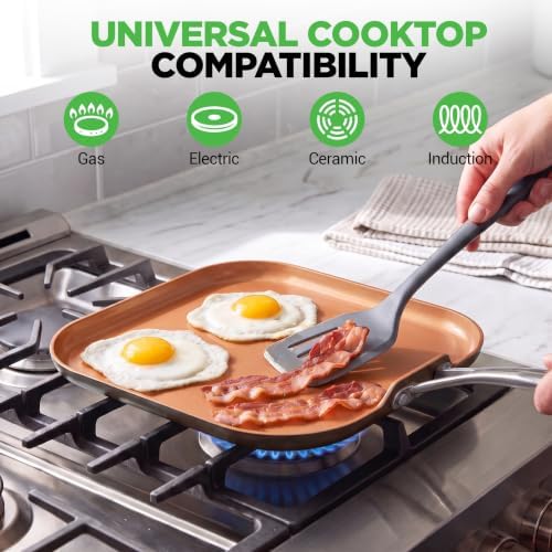 NutriChef Copper Pan Non-Stick Coating Inside, Hard-Anodized Look Heat