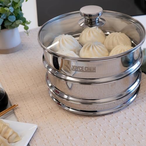 Joyce Chen 10-Inch Stainless Steel Two-Tier Steamer with Glass Lid & Wok Adapter Ring, 304 Stainless Steel, Dishwasher Safe