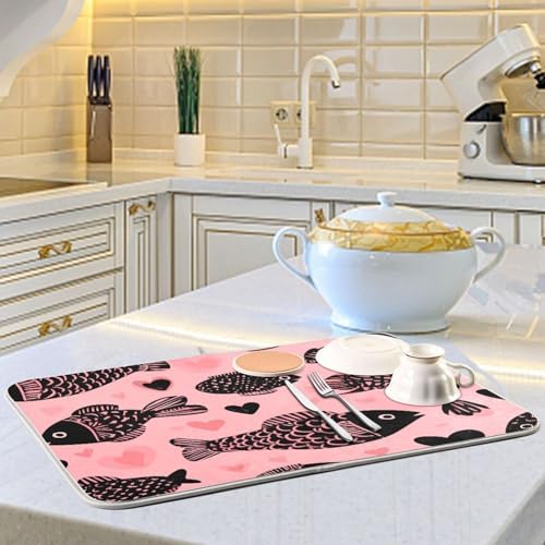 OTVEE Minimalist Fish Art Dish Drying Mat for Kitchen Counter