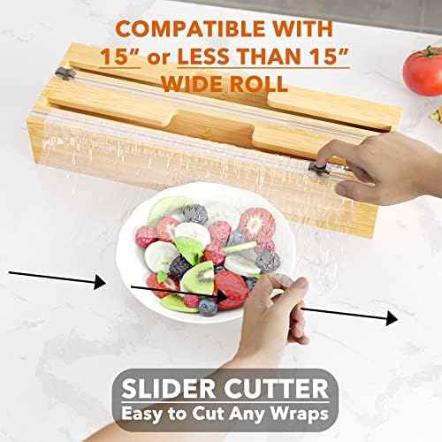 SpaceAid 2 in 1 Long Wrap Dispenser (Need 3" Deep Drawer) with Cutter, Plastic Wrap, Aluminum Foil Dispenser for Kitchen Drawer, Bamboo Roll Organizer Holder, Compatible with 15" Roll