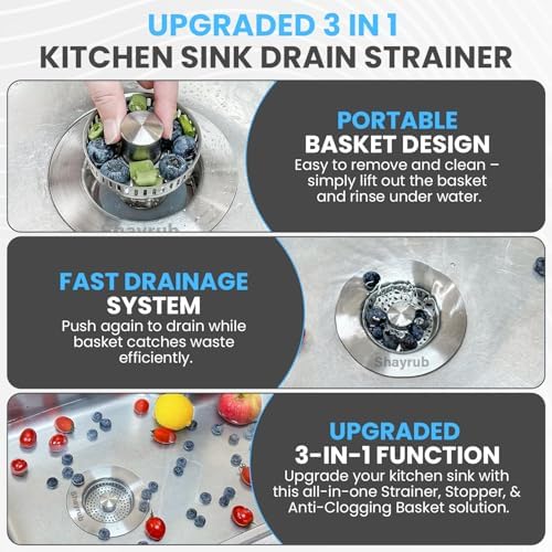 3 in 1 Kitchen Sink Drain Strainer Stopper, SUS Stainless Steel Food