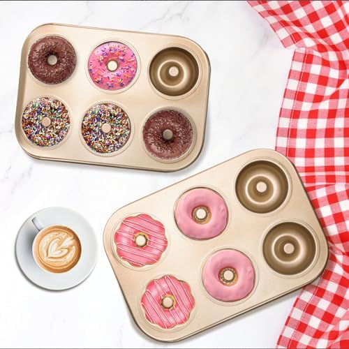 2PCS Carbon Steel 6-Cavity Donut Pan, Champagne Gold
