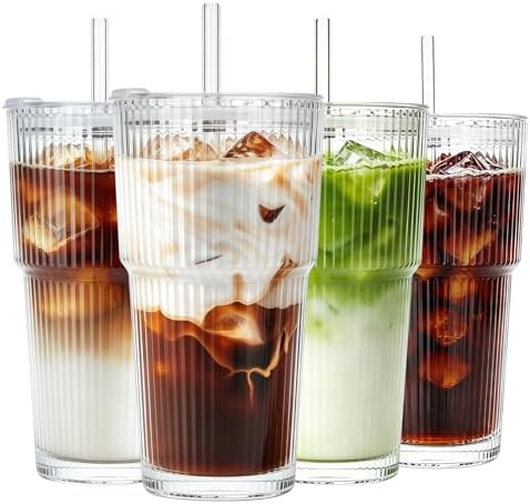 Iced Coffee Cups with Lids, 20oz Ribbed Glass Tumbler with Straw and