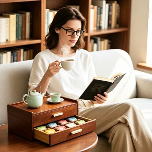 Wood Tea Bag Organizer Drawer With Mat Tea Storage Bag Double-Drawer