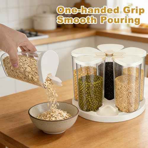 5-10 lbs Rice Dispenser 6 Grids 360° Rotating Cereal Dispenser Countertop BPA-Free PET Grain and Rice Storage Container with Lids Dry Food Dispenser Grain Canister Sets for Oats Flour Corn Flakes