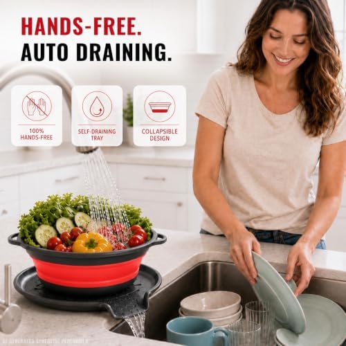2 Collapsible Colanders with Self-Draining Tray (Red)