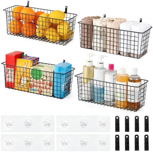 4 Set Extra Large Hanging Wall-Mount Storage Baskets, Black