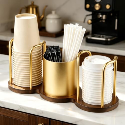 Coffee Cup Dispenser, Straw and Stirrer Storage, Gold, S