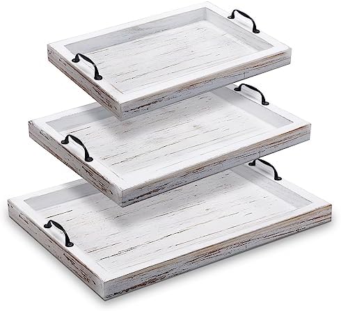 Didaey 3 Pieces Rustic Wooden Serving Trays with Handles Farmhouse