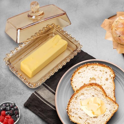 Retro Country Glass Butter Dish with Lid Vintage Butter Holder, Amber