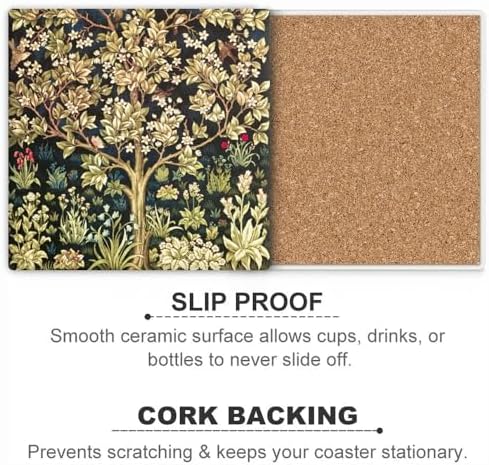 HUXJOKO Coasters for Drinks Set of 6,William Morris Floral Pattern