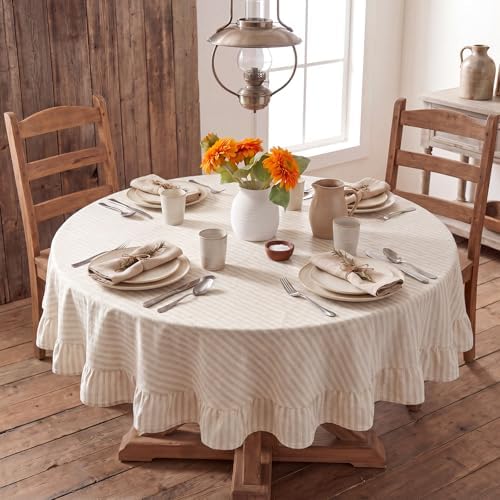 Boao Cotton Striped Tablecloth Round 60" Beige White