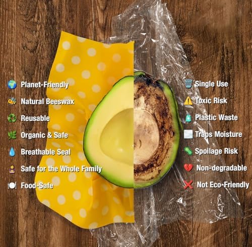 Reusable Beeswax Food Wraps Set - 3 Pack (S,M,L) for Bread