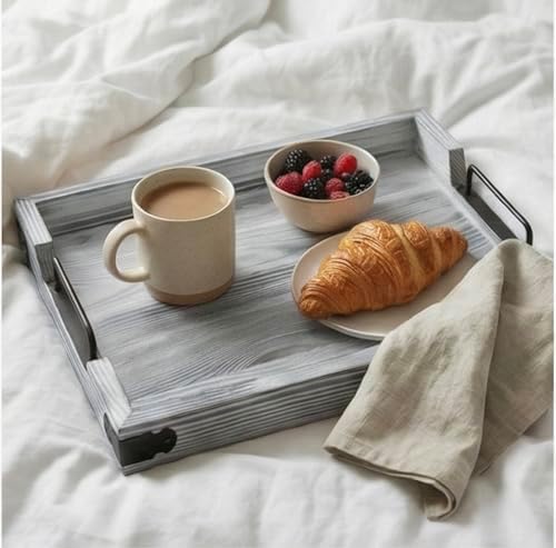 Wooden Rustic Large Serving Tray with Handles | Gray | Vintage Style