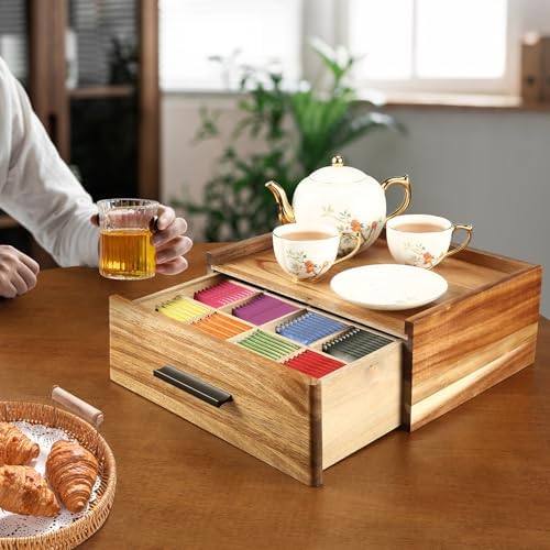 Acacia Wood Tea Bag Organizer with Drawer - 12-Compartment Tea Storage