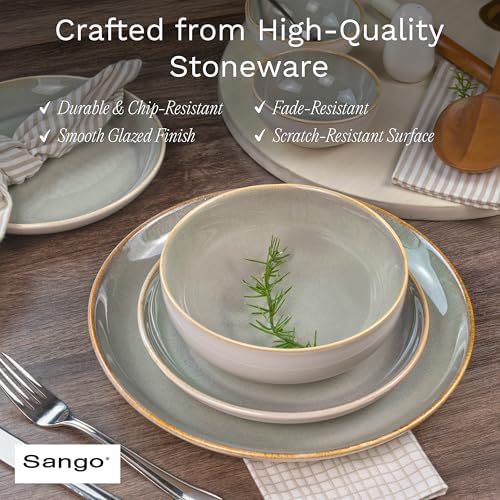 Sango 16-Piece Stoneware Dinnerware Set for 4, Glossy Cream/Green Big
