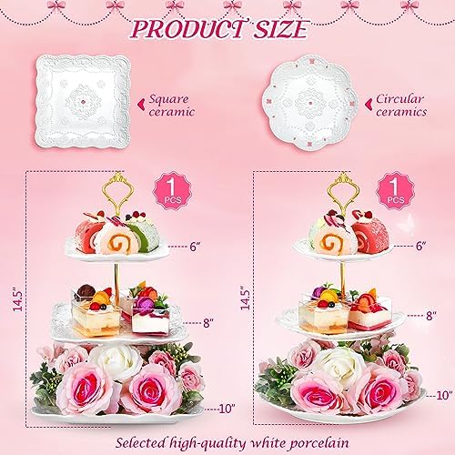 Ctosree 2 Pcs 3 Tier Porcelain Cupcake Stand Round and Square White
