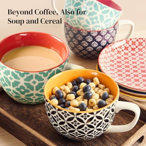 DOWAN 24 OZ Boho Mosaic Soup Mugs with Handle, Large Coffee Mugs Set
