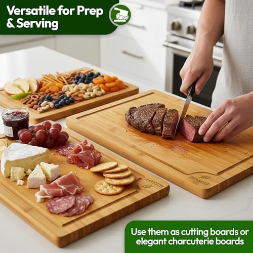 BH&DT Bamboo Cutting Board Set of 3 with Juice Grooves and Built-In