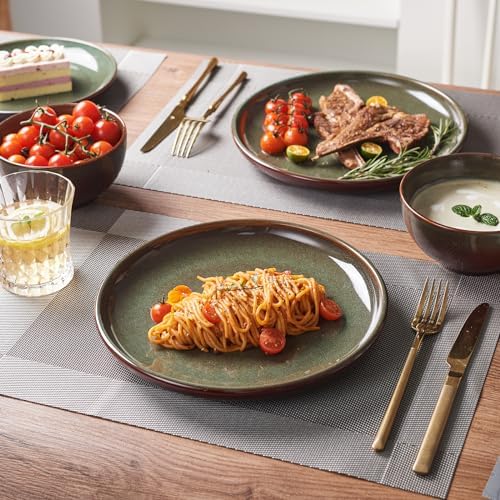 Pokini Stoneware Dinnerware Sets for 4, 12pcs Plates and Bowls Sets