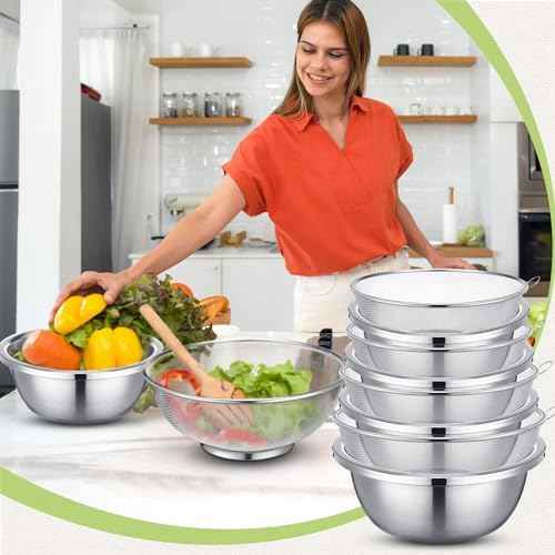 8 Pcs Stainless Steel Microporous Colander Set with 1.2qt 2qt 3qt 5qt Capacity Strainer with Metal Mixing Bowls, Fruit Cleaning Bowl with Strainer for Draining Pasta Vegetables Meat Kitchen