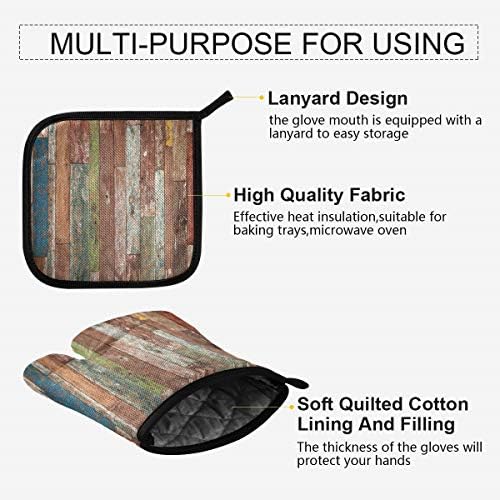 QMXO Colorful Watercolor Wooden Texture Oven Mitts Quilted Cotton
