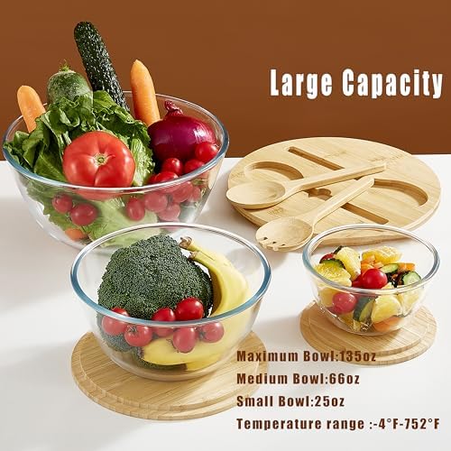 Glass Mixing Bowls with Bamboo Lids, 3 Packs Glass Bowls with Lids