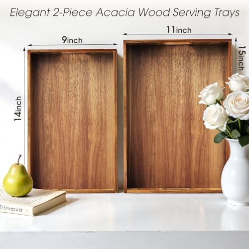 Acacia Serving Trays, Wooden Serving Tray with Handles- 2 Pack