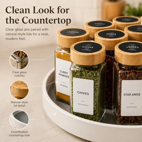 EHME EHME EHME 14 Pcs Glass Spice Jars Bamboo Lids with Lazy Susan