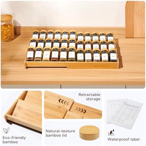 3-Tier Expandable Bamboo Spice Drawer Organizer, Adjustable Width 12"