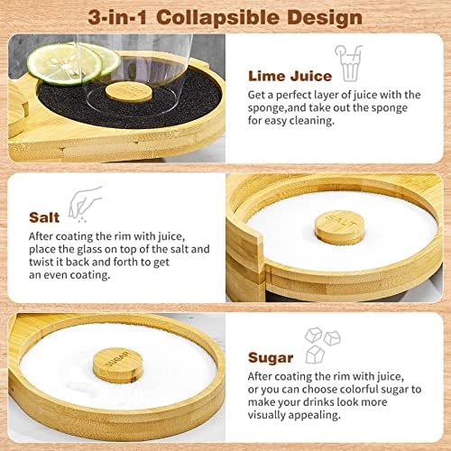 Margarita Salt Rimmer Set,1 Pack 3 Tier Bar Glass Rimmer Bamboo Wood