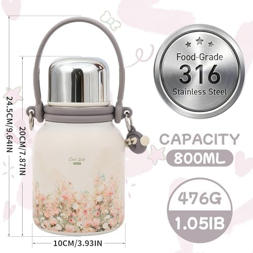 CoolSolo 27 oz Cute Floral Insulated Water Bottle with Strap & Handle