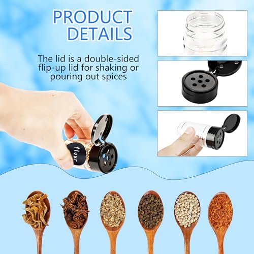 60 Pack 2.7 oz Plastic Spice Jars with Black Lids and Labels Empty