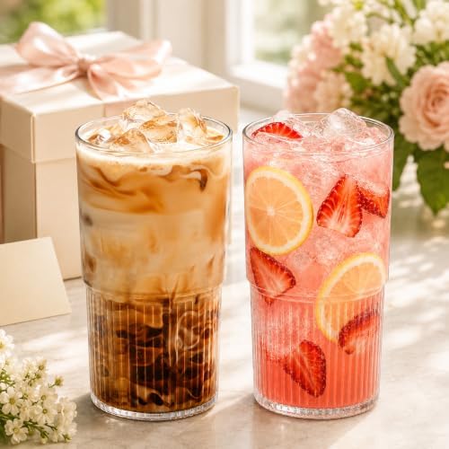 Luiaiog Glass Cups with Lids and Straws Set of 2, 18.6 oz Ribbed