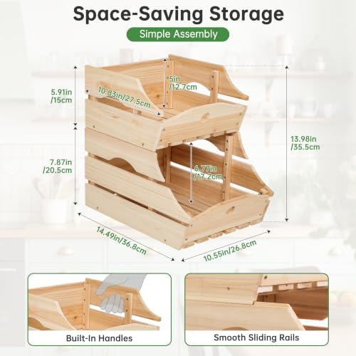 Stackable Wooden Storage Bins, Kitchen Counter Organizer with Handles
